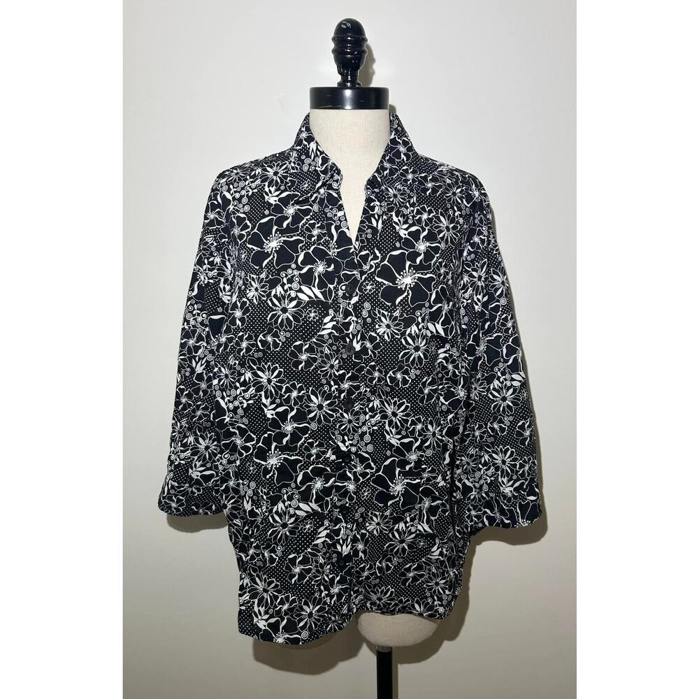 C.J. CHRISTOPHER & BANKS Black Floral Collared Blouse Top Shirt Womens X